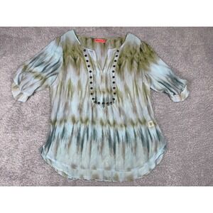 Spoiled Blouse Womens Large Green Blue Studded Ikat Boho Top Good Condition